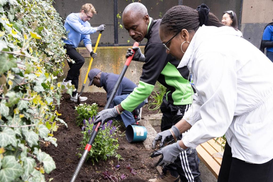 Volunteers cleared and weeded garden beds and planted new flowers and shrubs along the perimeter of Chinatown's Josiah Quincy Elementary School.; Photo: Laura Swope