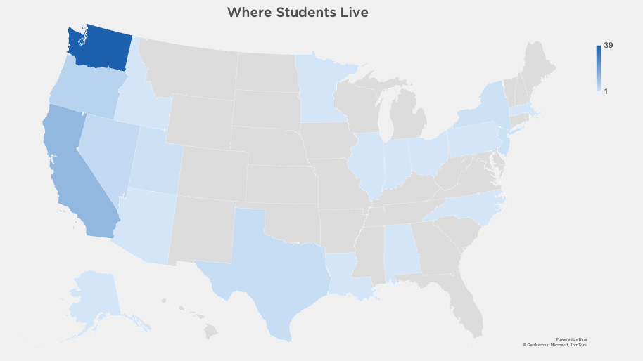 Map showing where students live - DPT-Seattle