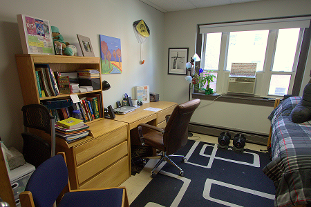 A view of a typical dorm room in the Posner Hall dormitory on Harrison Avenue