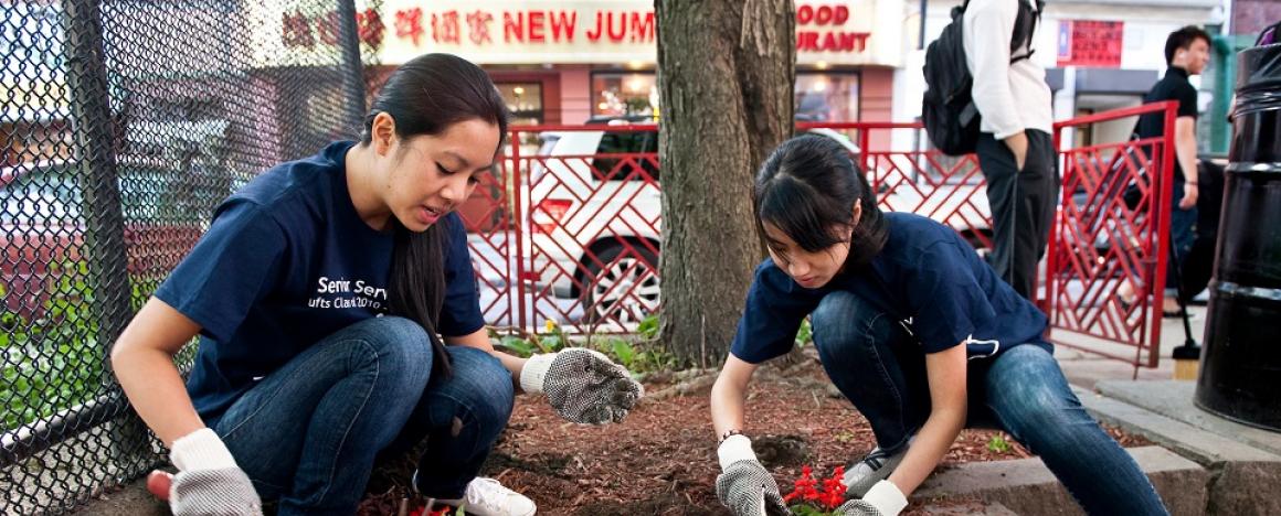 Tufts student planting flowers