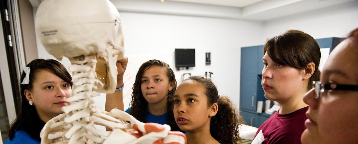 7th graders on a field trip to Tufts School of Medicine looking at a skeleton.