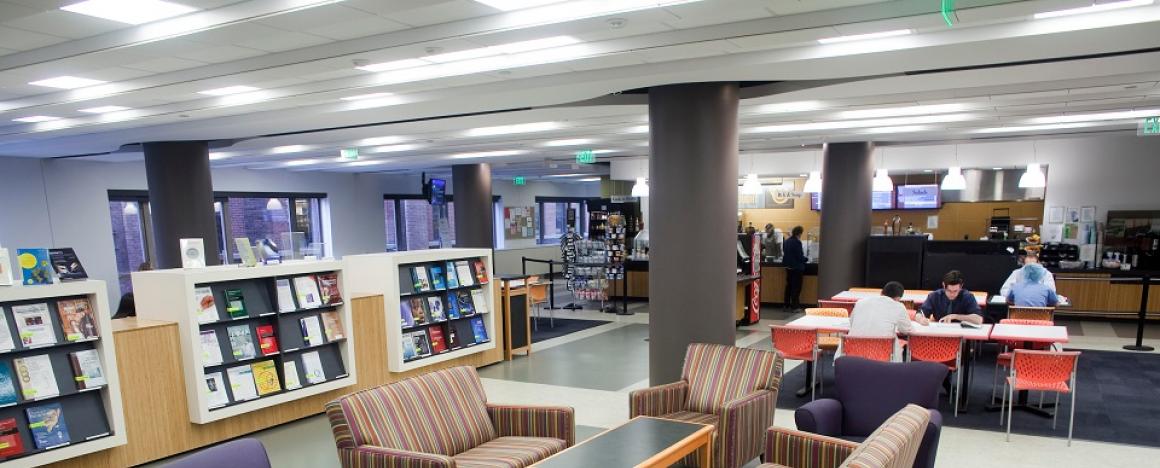 The cafe area of the Hirsh Library