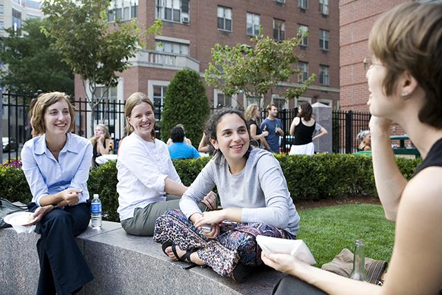 students in Jaharis courtyard