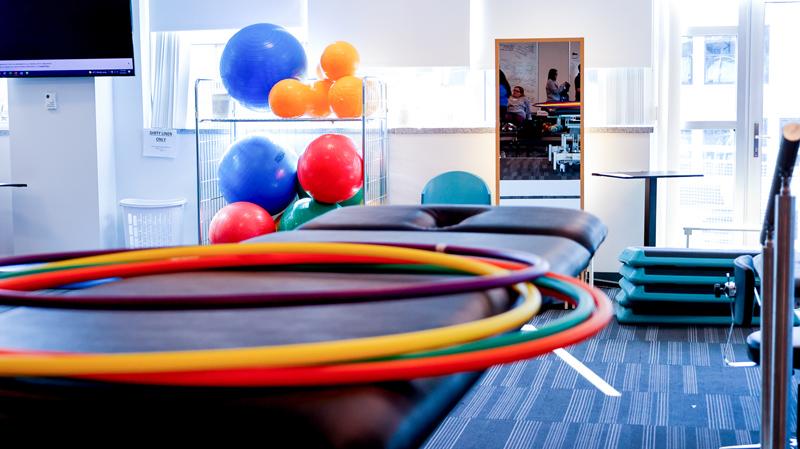 Physical therapy clinical setting featuring equipment like medicine balls and hoops