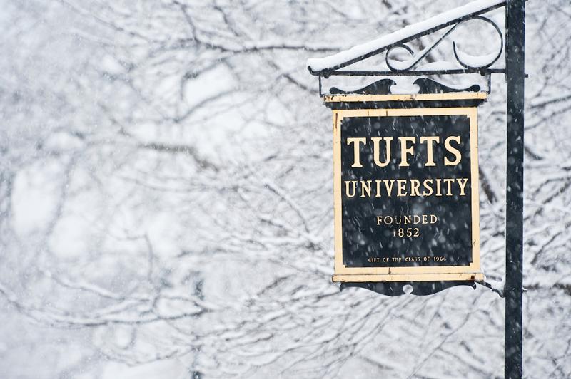 Tufts sign on a snowy day