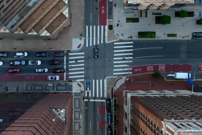 An aerial shot of a street in Boston