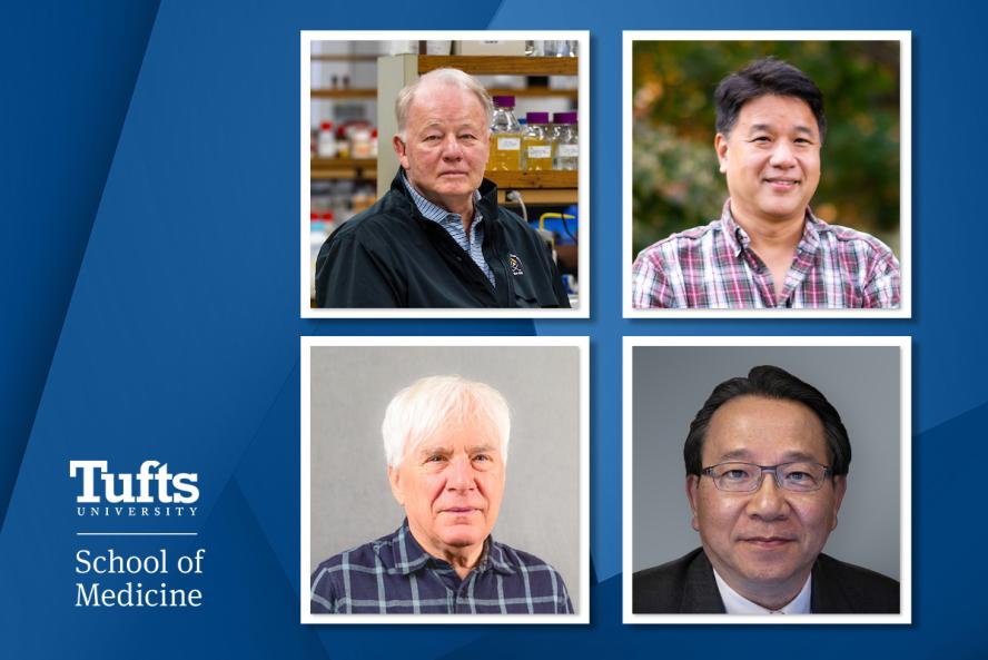 The ranking for patents shows the wide range of innovative research led by scientists across the university, some from Tufts University School of Medicine. (Top row from left: Peter Bullock, PhD and Linden Hu, MD. Bottom row from left: Peter Bullock PhD, Hung-Sen Lai, PhD.)