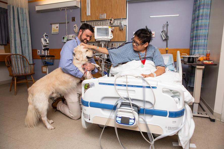 Connor O’Boyle, MG17, M21, and his golden retriever visit pediatric patients at the Floating Hospital for Children.