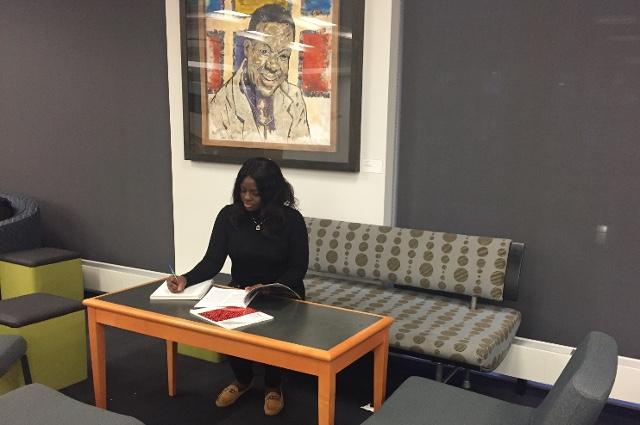 Qausarat Ogunneye, a UMass Boston junior, at Tufts School of Medicine