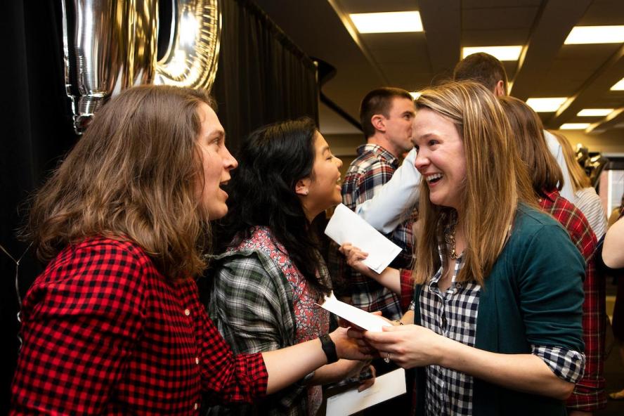 Robin Cotter and Katelyn Foley celebrate after finding out they both got into their first-choice residency programs on Match Day at Tufts School of Medicine on March 15, 2019. 