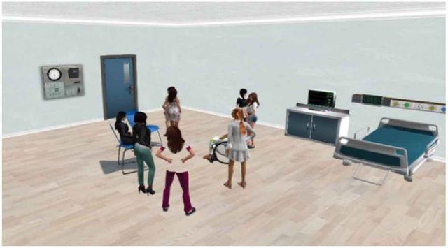 A team of students interviewing the standardized patient in Second Life