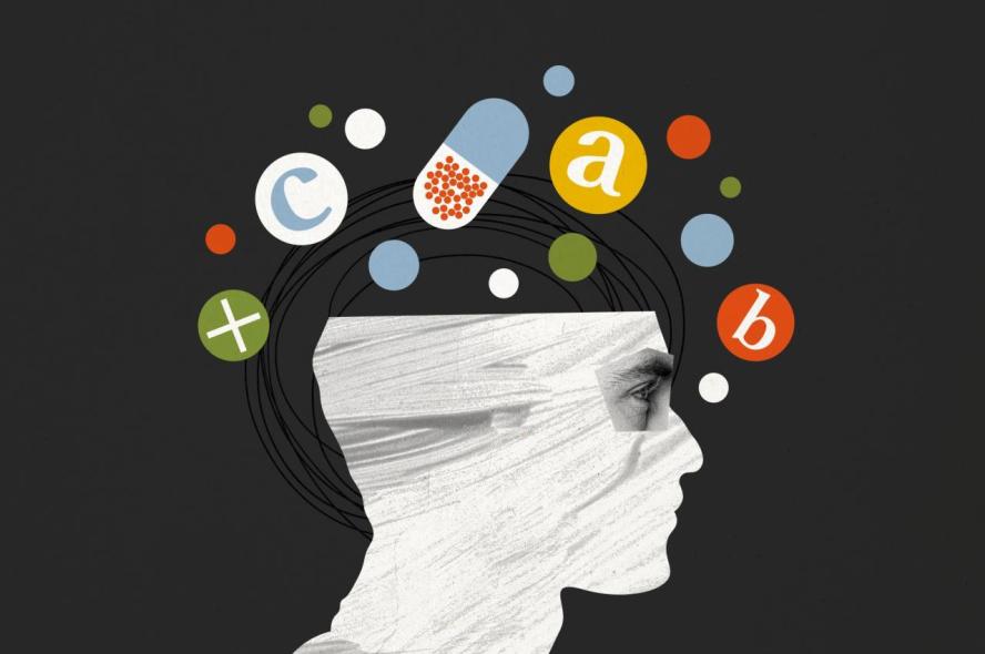 This collage illustration features a white silhouette of a human head centered on a dark-colored background. Pills and letter symbols spill out of the top of the head to communicate the concept of different options for schizophrenia treatment. 