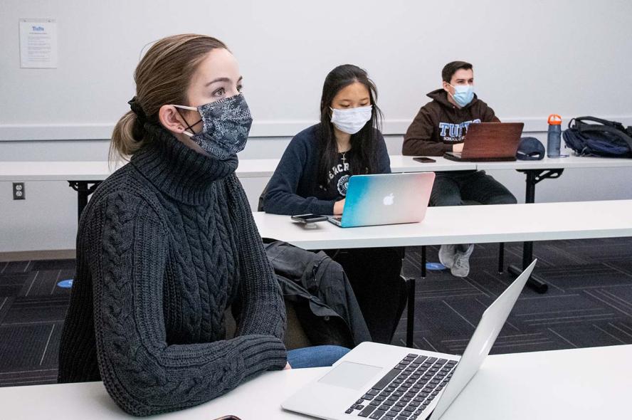 Three first-year MD students, Class of 2024, at Tufts University School of Medicine attend a class on problem-based learning. 