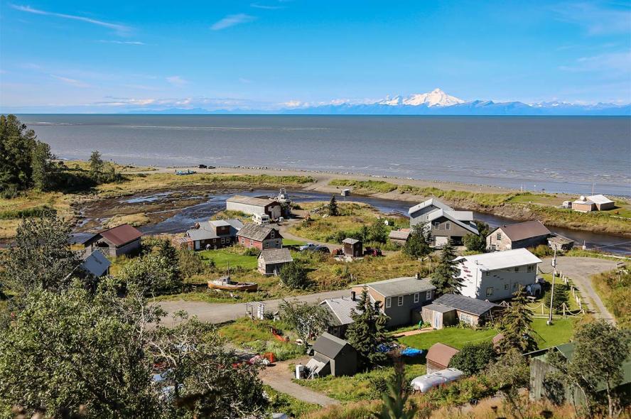 An overhead view of the remote Alaska Native village of Ninilchik on the Kenai Peninsula.