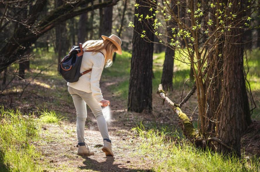A woman walking in the woods sprays tick repellent on her pants and shoes