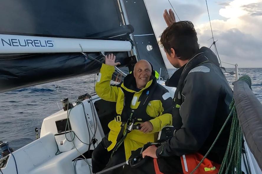 Phil Haydon celebrates at the finish of the 2024 Newport Bermuda Race.