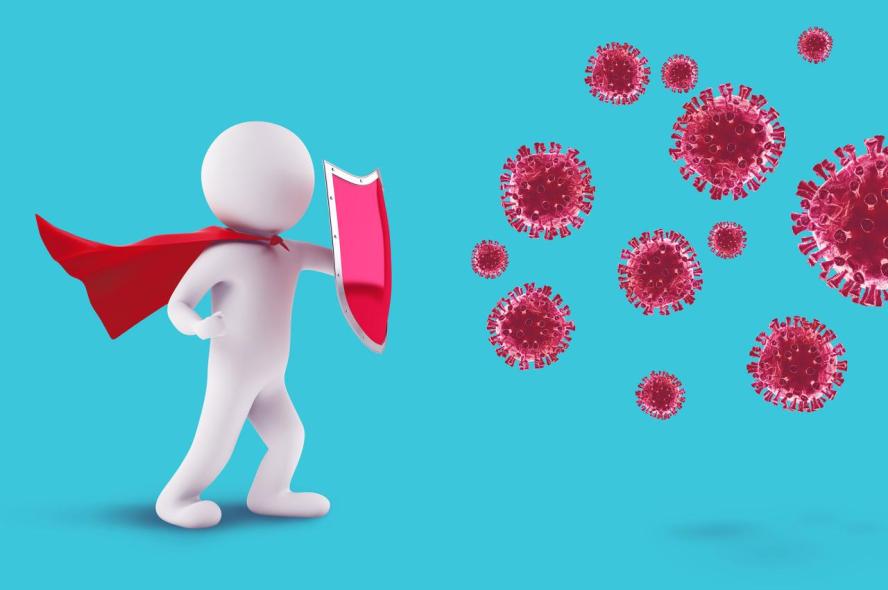 An illustration of a hero with a red cape holding a shield to guard against germs