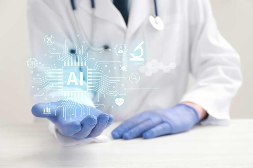 A doctor in a white lab coat holds an artificial intelligence graphic