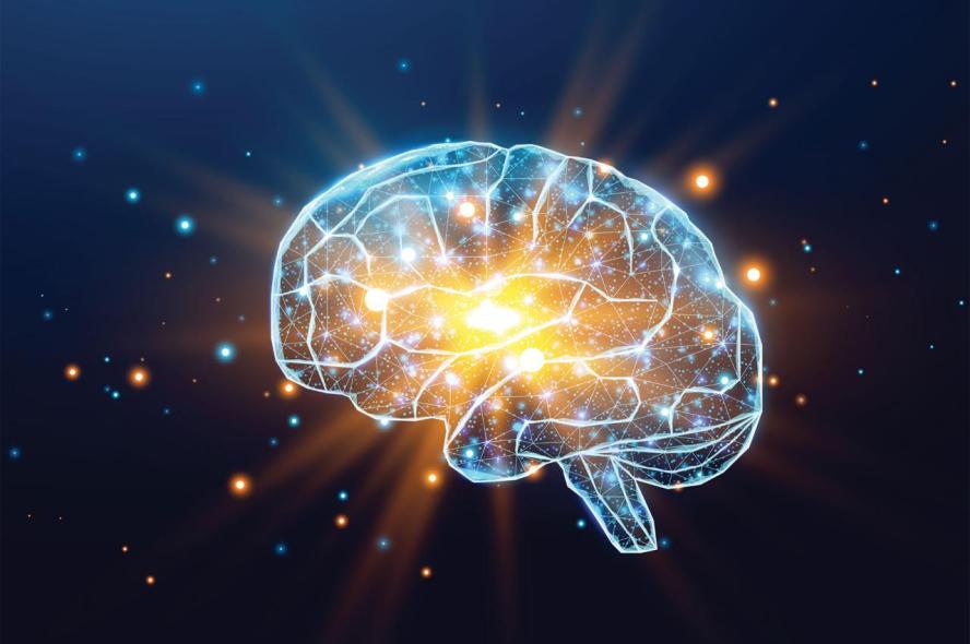 An illustration of an illuminated brain on a dark blue background with glowing neurons inside