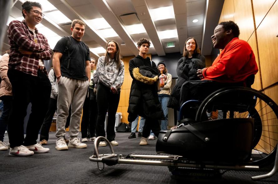 Anderson Wise gave a demonstration on sled hockey during a session on adaptive sports as part of the Perspectives in Medicine course at Tufts University School of Medicine. 