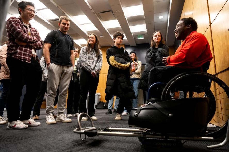 Anderson Wise gave a demonstration on sled hockey during a session on adaptive sports as part of the Perspectives in Medicine course at Tufts University School of Medicine.