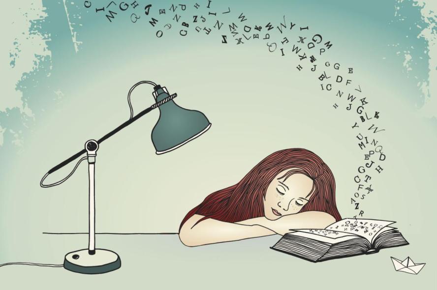 An illustration of a teen asleep at her desk with a lamp and an open book, from which letters are floating away