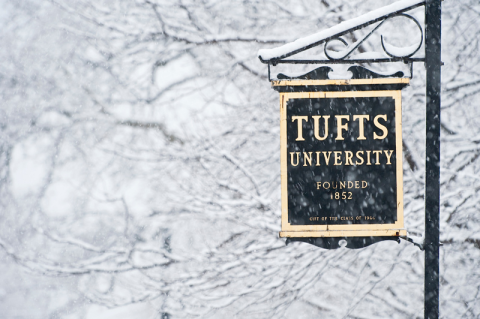 Tufts sign on a snowy day