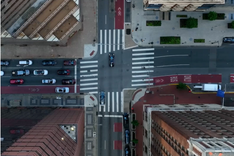 An aerial shot of a street in Boston