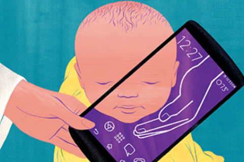 Illustration of a hand holding a mobile phone that partially covers infant's face. On the phone's screen is the other half of the infant's face and an outline of a hand cradling the infant's cheek.