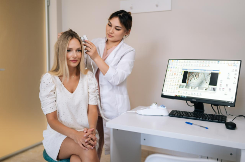 A woman sits on a stool and has her scalp examined in a provider's office.