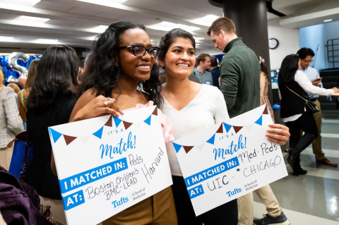 Bailee Cooper (left), M23, and Mariya Patwa, M23, shared news of their residency matches on Match Day at Tufts University School of Medicine.