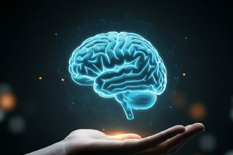 An illustration of a brain hovering over a hand