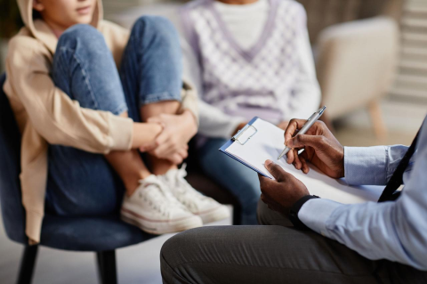 A child and their parent sit in a counseling session with a psychiatrist.
