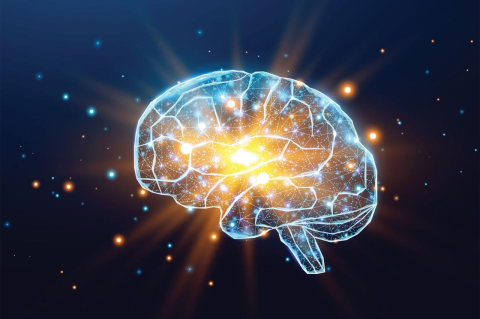 An illustration of an illuminated brain on a dark blue background with glowing neurons inside